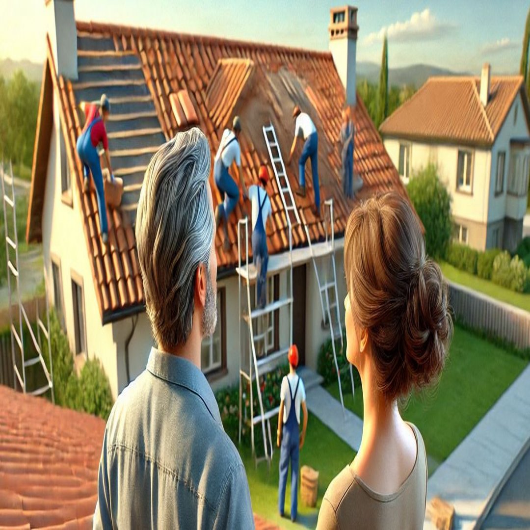 couple qui regarde leur toiture realiser NOMSOCIETEAFFICHER à VILLESOCIETE